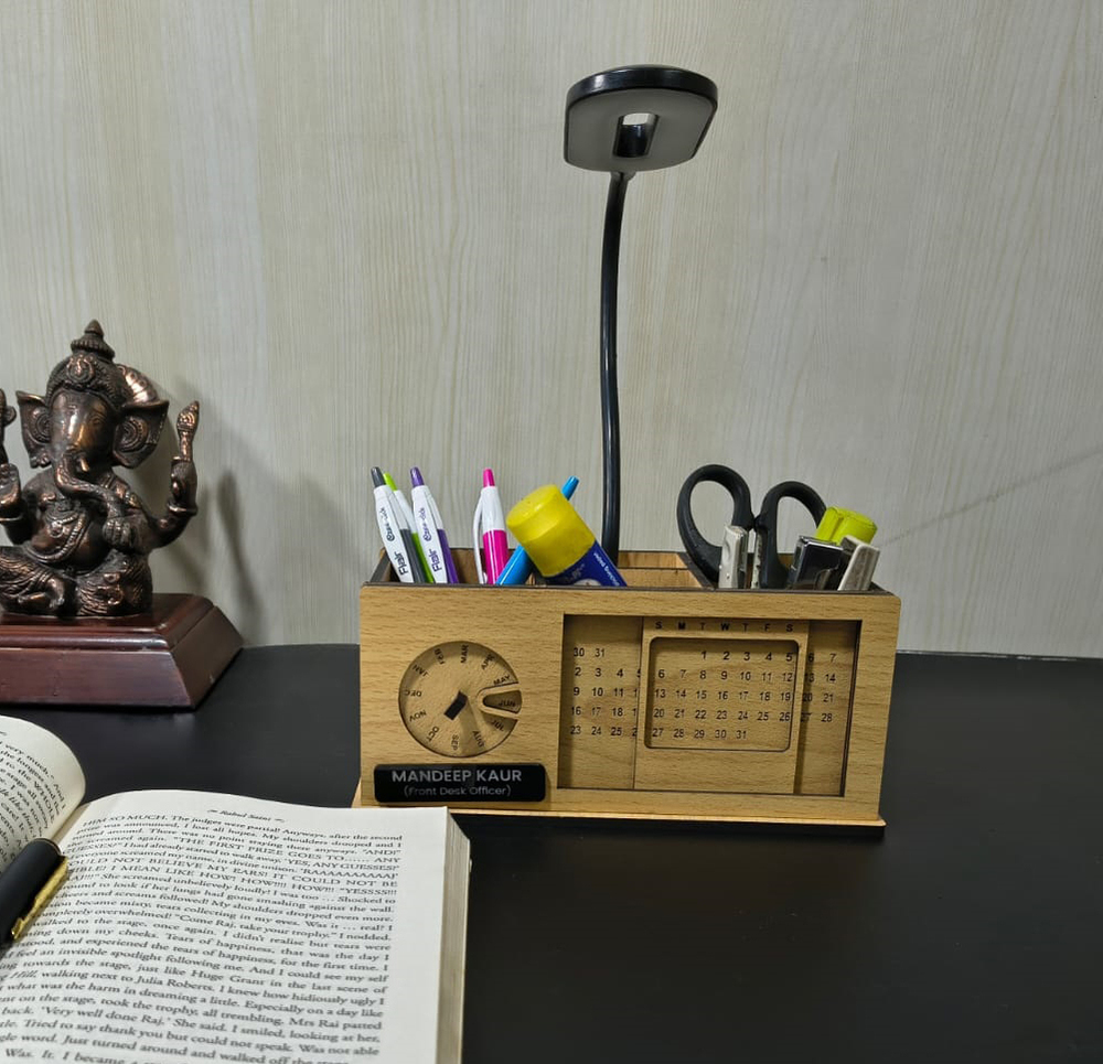 Personalized Wooden Desk Organizer With Lamp And Calendar
