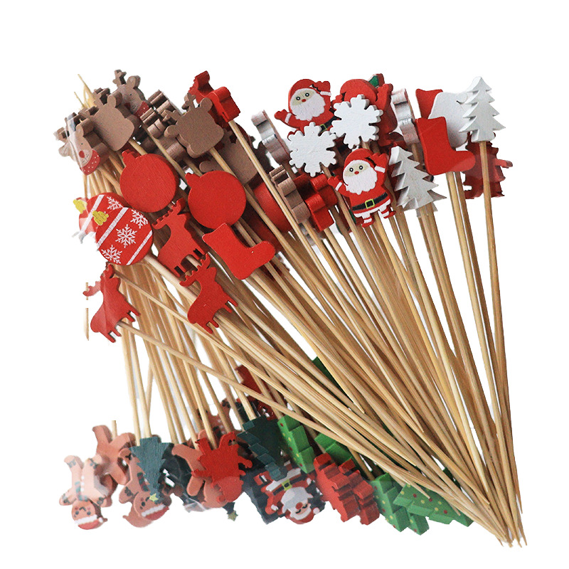 Eco-Friendly Disposable Fruit Pick Cartoon Christmas Bamboo Toothpicks - Natural Bamboo 6.5cm, Biodegradable, Customizable Cartoon Toppers