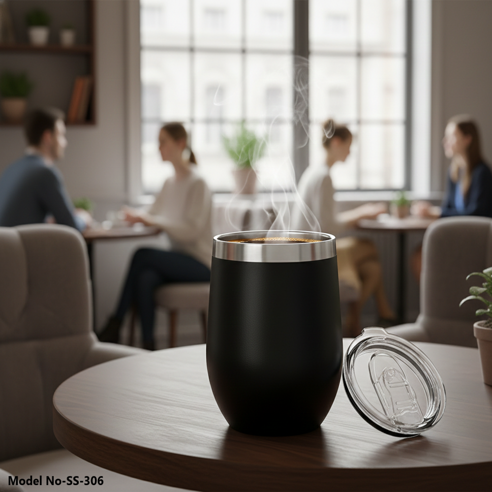 Stainless Steel Double Wall Vacuum Insulated Egg-Shaped Coffee Mug with Transparent Lid (SS-306)