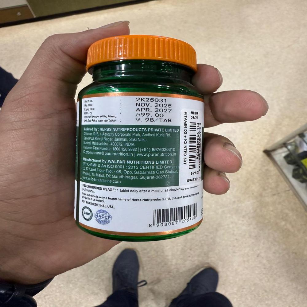 Pure Nutrition Vitamin D3+K2 Tab (for Immunity, Bones & Heart Health Veg Tablet)