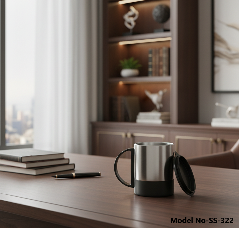 Sleek Silver Stainless Steel Coffee Mug Double-Walled Travel Tumbler with Secure Cap (SS-322)