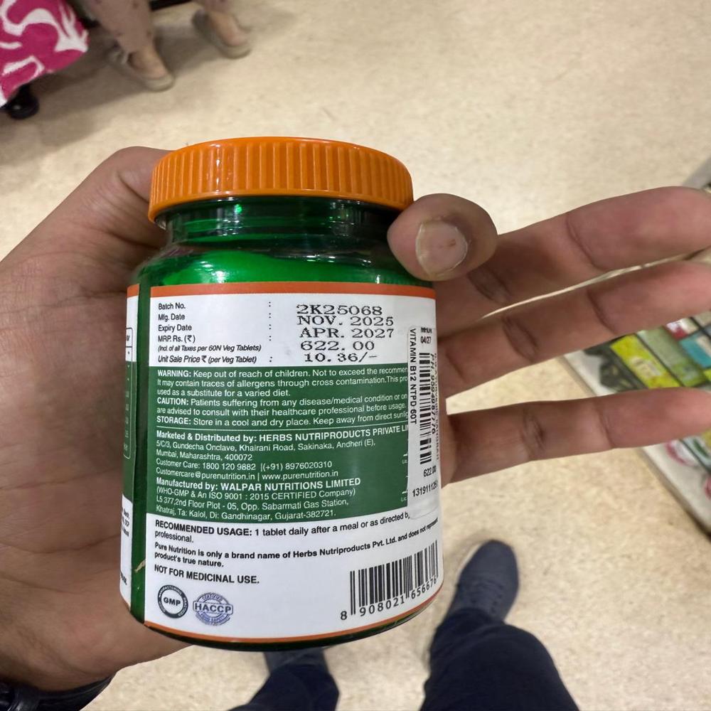 Pure Nutrition Vitamin B12 Tab 1500mcg (From Methylcobalamin Supports Nerve Health) 