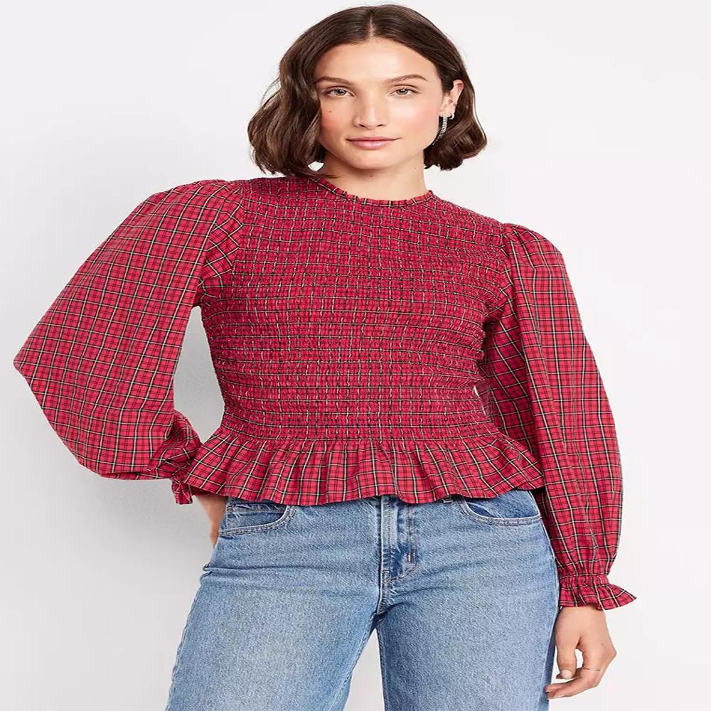 W13438 Old Navy Ladies Long-sleeve Plaid Smocked Top - Feature: Breathable