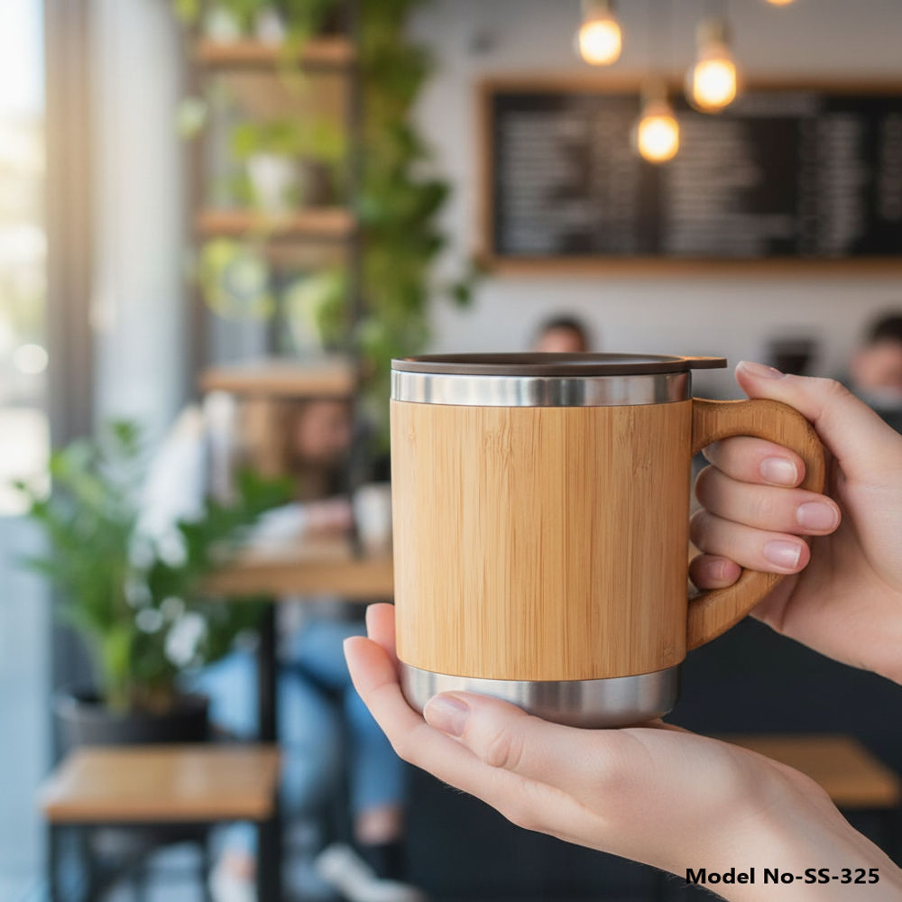 Bamboo-Wrapped Stainless Steel Insulated Coffee Mug with Wooden Handle (SS-325)