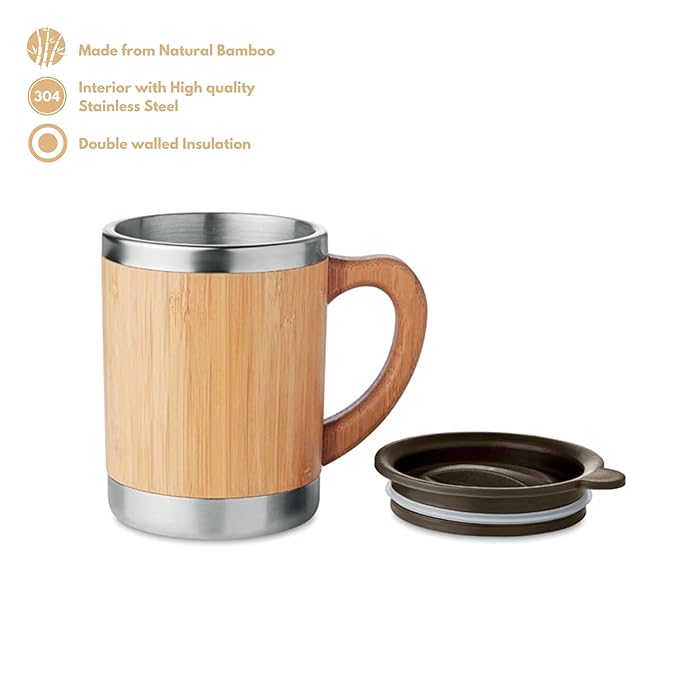 Bamboo-Wrapped Stainless Steel Insulated Coffee Mug with Wooden Handle (SS-325)