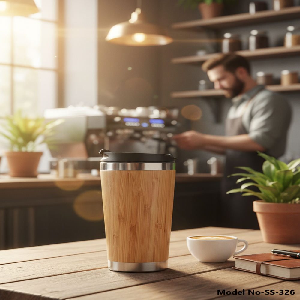Eco-Friendly Premium Bamboo Finished Stainless Steel Insulated Travel Mug (SS-326)