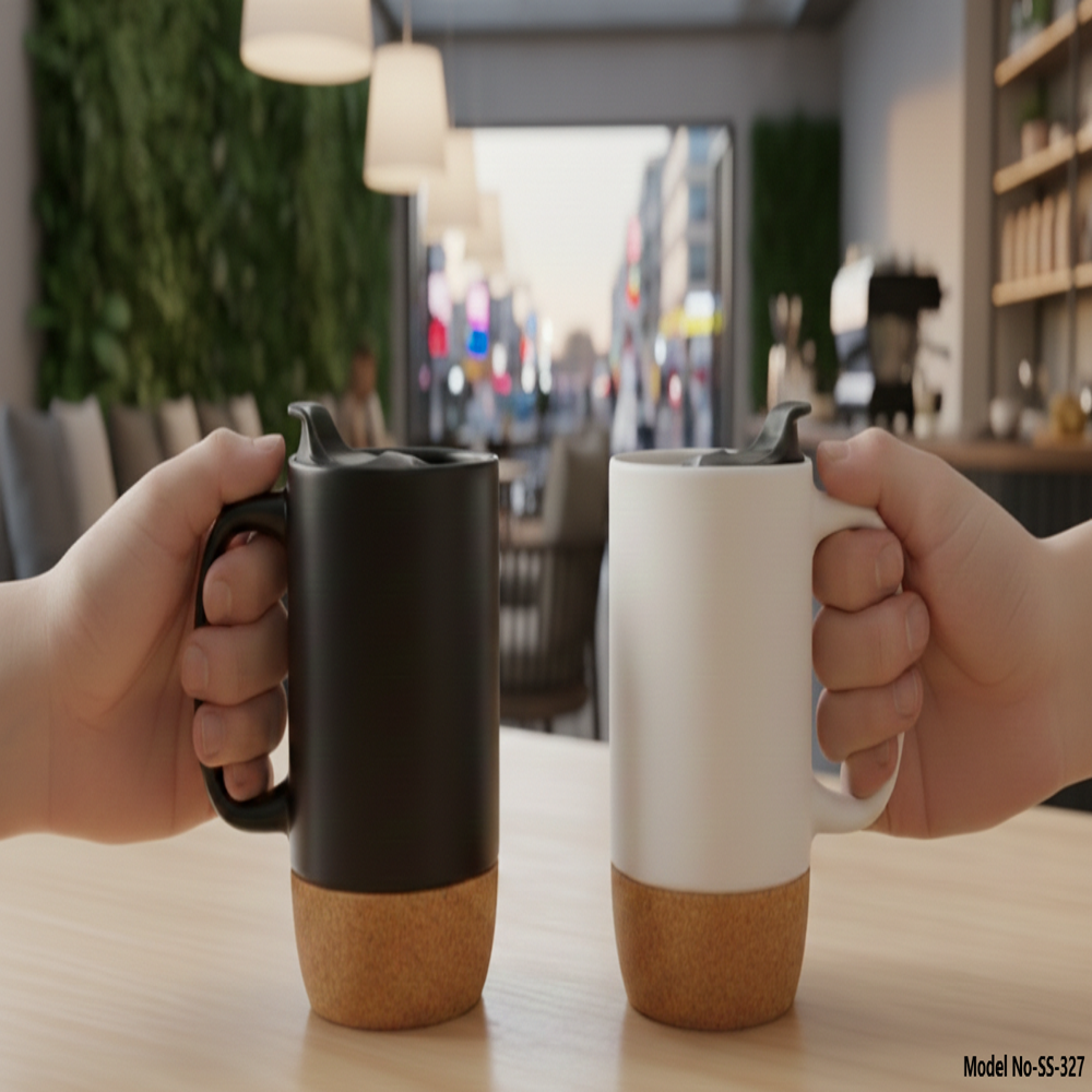 Premium Cork-Base Insulated Ceramic Travel Mug with Splash-Proof Lid (SS-327)