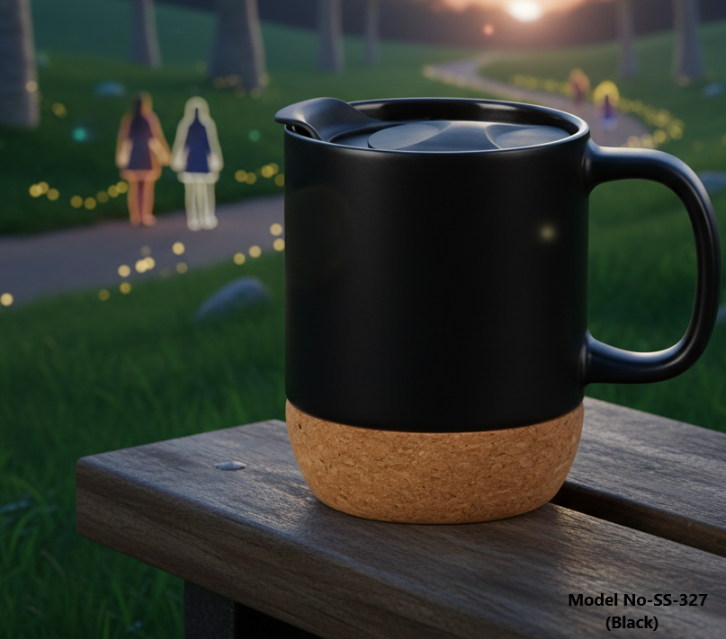 Premium Cork-Base Insulated Ceramic Travel Mug with Splash-Proof Lid (SS-327)