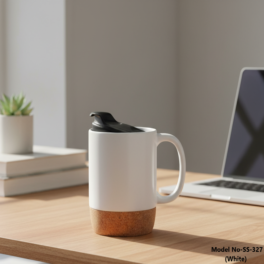 Premium Cork-Base Insulated Ceramic Travel Mug with Splash-Proof Lid (SS-327)