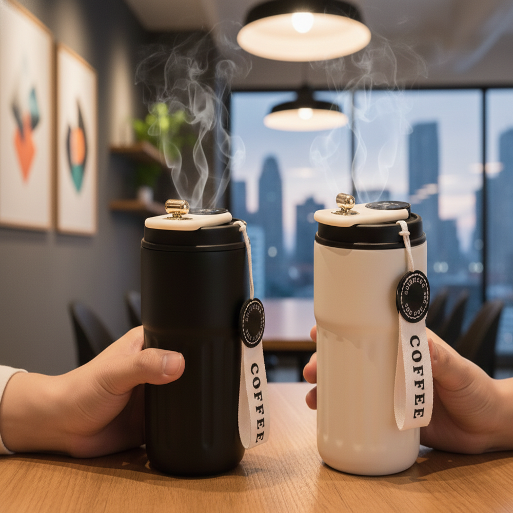 Leak-proof Vacuum Insulated Smart Coffee Tumbler With Lanyard & Gold-tone Flip Lid