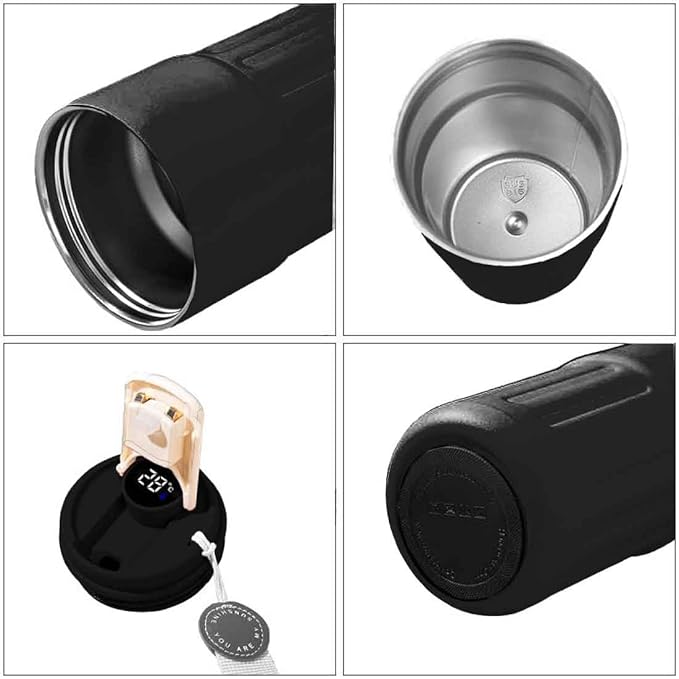 Leak-Proof Vacuum Insulated Smart Coffee Tumbler with Lanyard & Gold-Tone Flip Lid