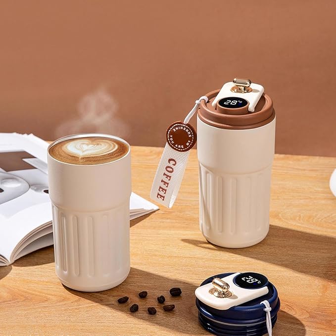 Leak-Proof Vacuum Insulated Smart Coffee Tumbler with Lanyard & Gold-Tone Flip Lid