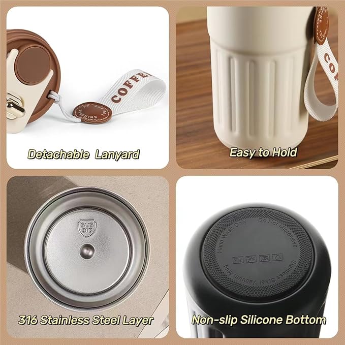Leak-Proof Vacuum Insulated Smart Coffee Tumbler with Lanyard & Gold-Tone Flip Lid