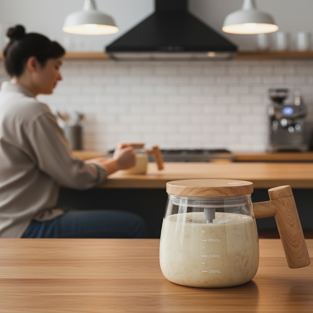 Electric Self-Stirring Glass Coffee Mug with Wooden Finish Handle & Lid (400ml)