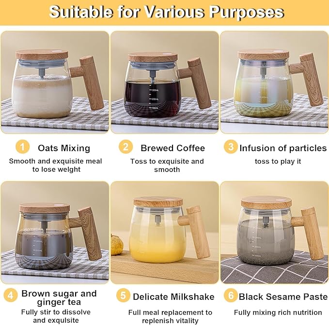 Electric Self-Stirring Glass Coffee Mug with Wooden Finish Handle & Lid (400ml)