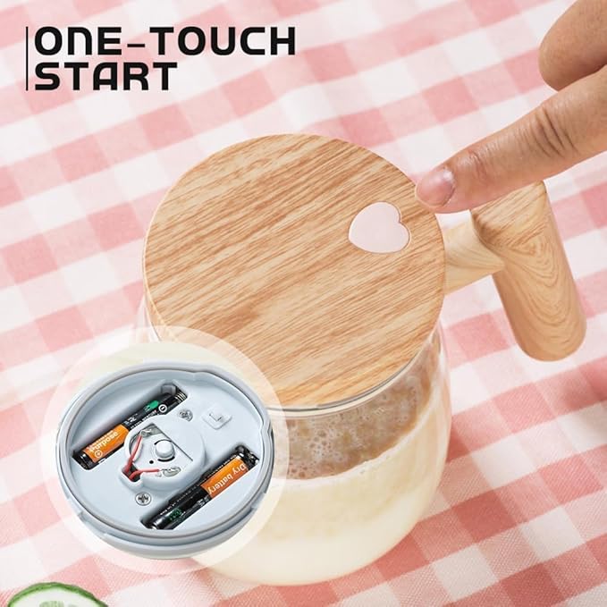 Electric Self-Stirring Glass Coffee Mug with Wooden Finish Handle & Lid (400ml)