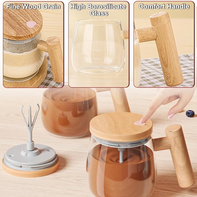 Electric Self-Stirring Glass Coffee Mug with Wooden Finish Handle & Lid (400ml)