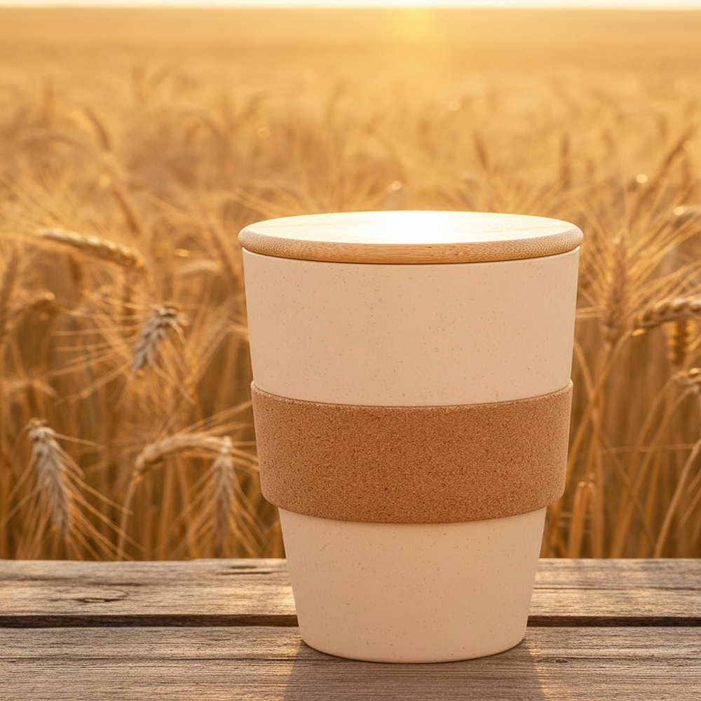 Eco-friendly Wheat Straw Travel Mug With Cork Grip And Bamboo Lid