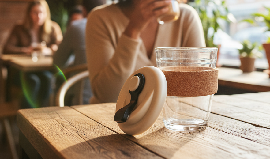 Reusable Borosilicate Glass Coffee Cup with Cork Sleeve and Silicone Splash-Proof Lid
