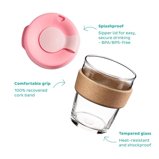 Reusable Borosilicate Glass Coffee Cup with Cork Sleeve and Silicone Splash-Proof Lid