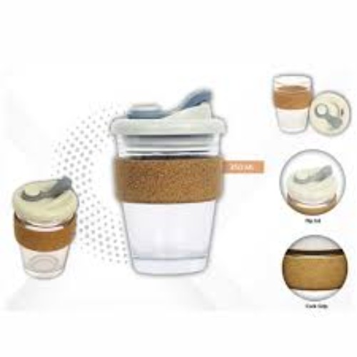 Reusable Borosilicate Glass Coffee Cup with Cork Sleeve and Silicone Splash-Proof Lid