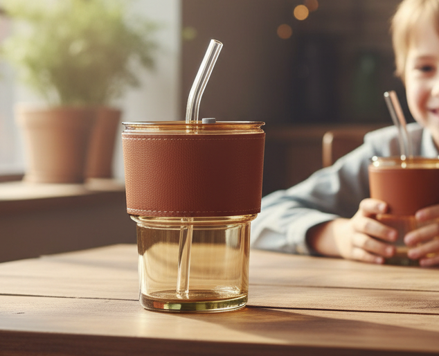 Amber Glass Tumbler with Leather Sleeve, Airtight Lid, and Glass Straw