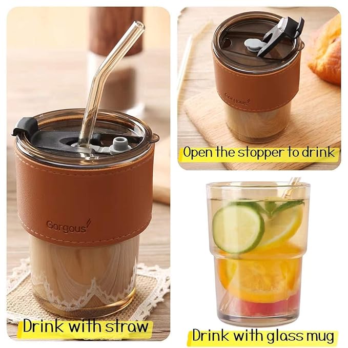 Amber Glass Tumbler with Leather Sleeve, Airtight Lid, and Glass Straw