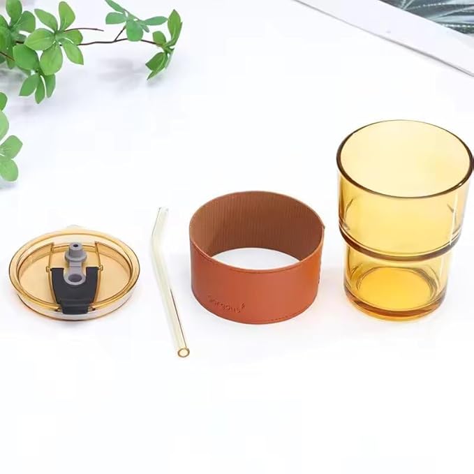 Amber Glass Tumbler with Leather Sleeve, Airtight Lid, and Glass Straw