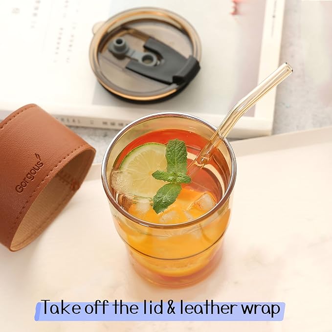 Amber Glass Tumbler with Leather Sleeve, Airtight Lid, and Glass Straw