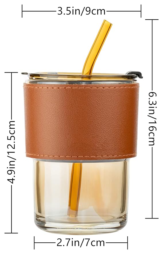 Amber Glass Tumbler with Leather Sleeve, Airtight Lid, and Glass Straw