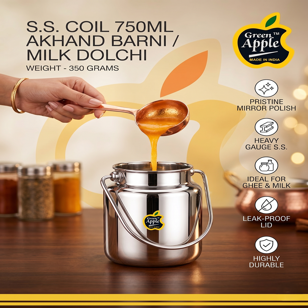 Premium 750Ml Stainless Steel Akhand Barni / Milk Dochi | Oil Can By Green Apple | Wholesale - Capacity: 750 Ml (Size 1) Milliliter (Ml)