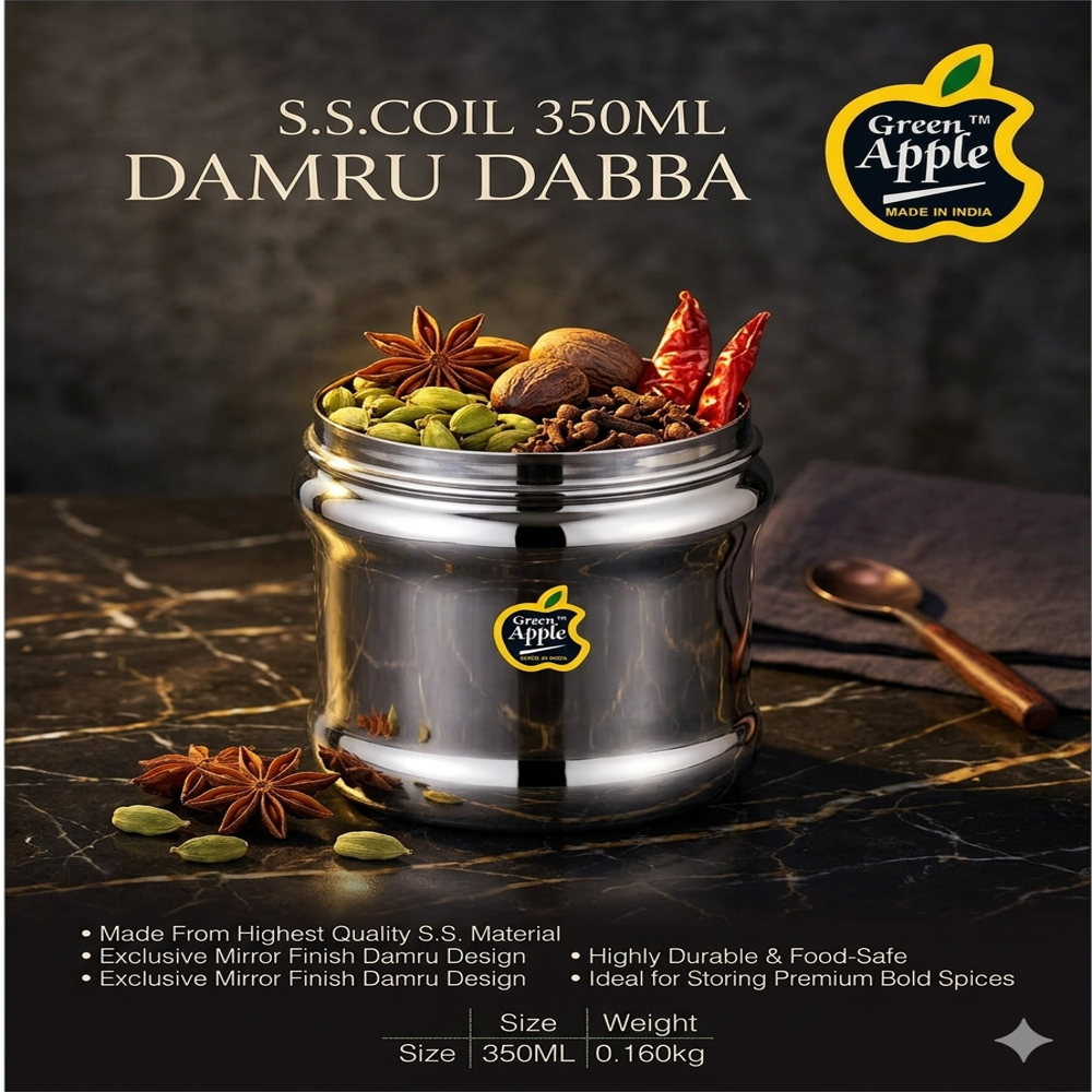 Premium 350ml Stainless Steel Damru Dabba | Small Storage Canister by Green Apple | Wholesale