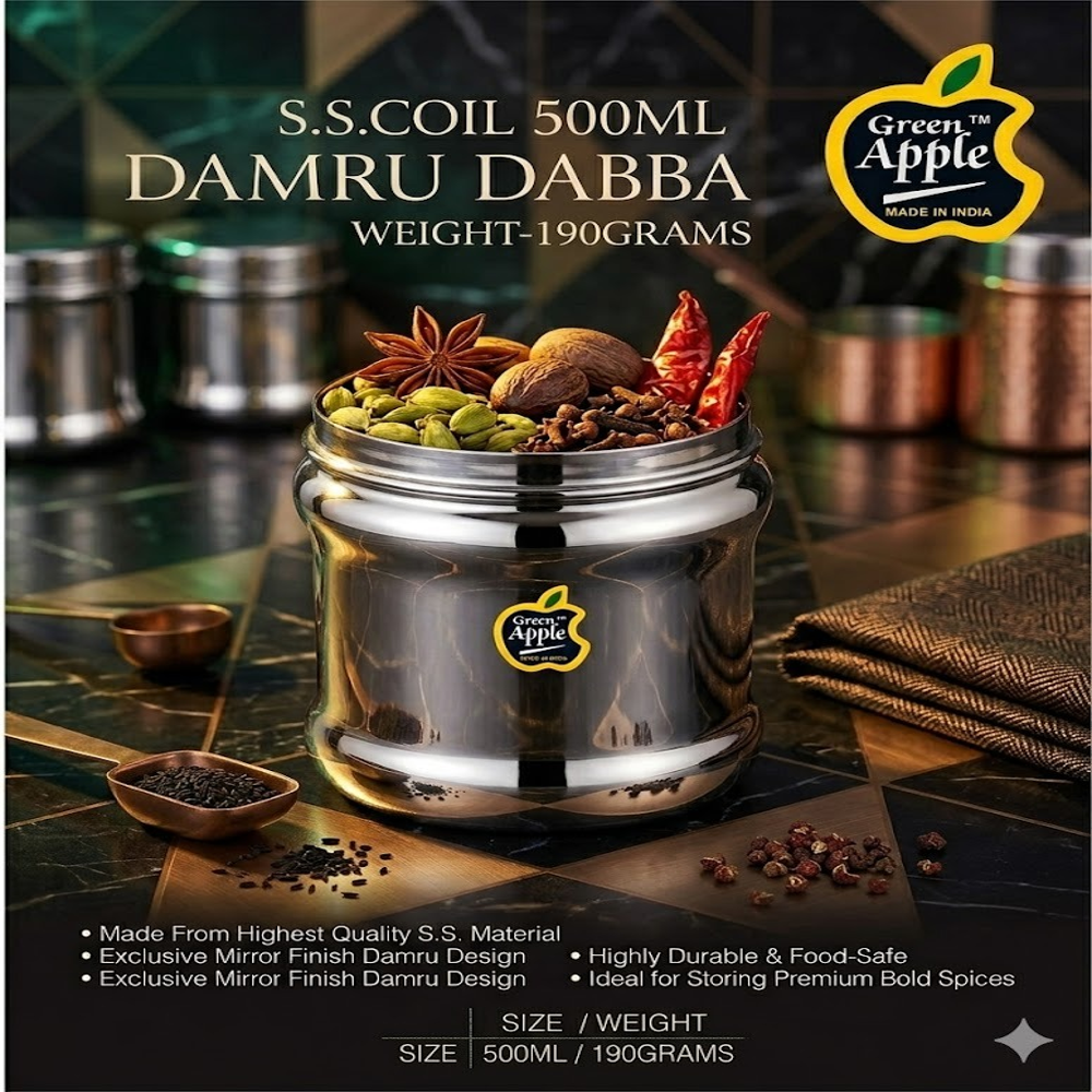 Premium 500ML Stainless Steel Damru Dabba (Storage Canister) | Double Mirror Polish | Wholesale