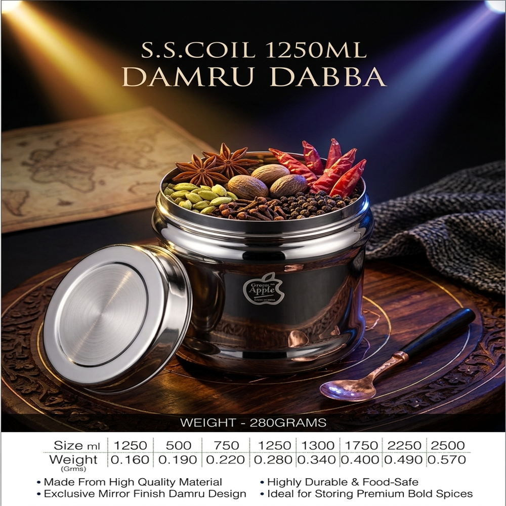 Premium 1250ml Stainless Steel Damru Dabba | Export Quality Kitchen Canister by Green Apple | Wholesale