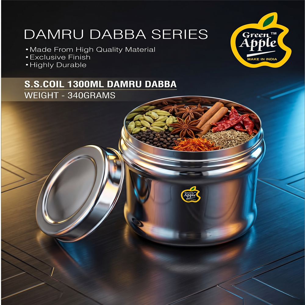 Premium 1300ML Stainless Steel Damru Dabba | Designer Kitchen Storage Canister by Green Apple | Wholesale
