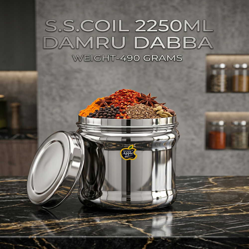 Premium Stainless Steel Damru Dabba (2250ML) | Designer Kitchen Storage Canister by Green Apple | Wholesale