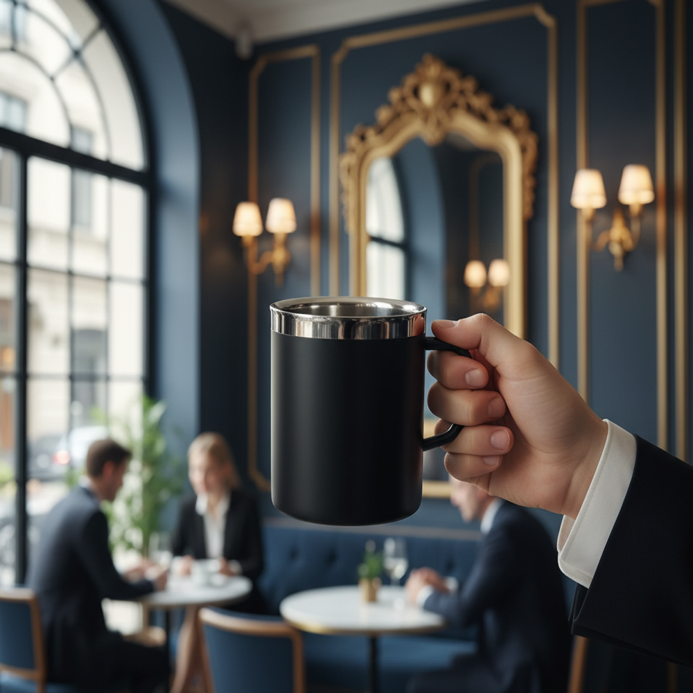 Double-Wall Stainless Steel Matte Black Coffee Mug with Silver Rim