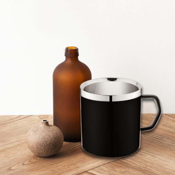 Double-Wall Stainless Steel Matte Black Coffee Mug with Silver Rim