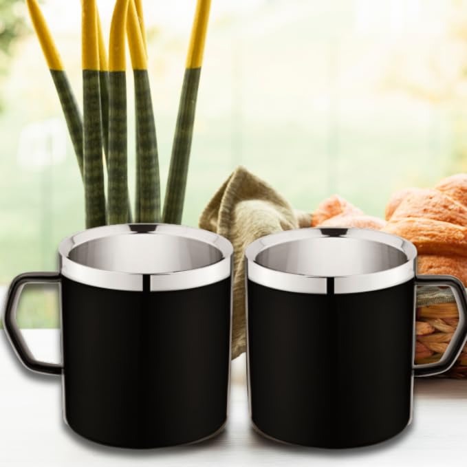 Double-Wall Stainless Steel Matte Black Coffee Mug with Silver Rim