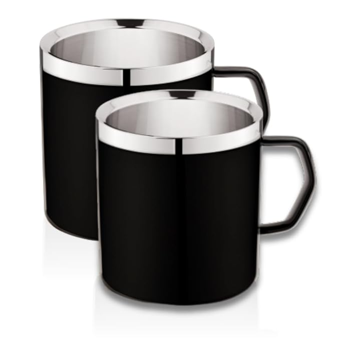 Double-Wall Stainless Steel Matte Black Coffee Mug with Silver Rim