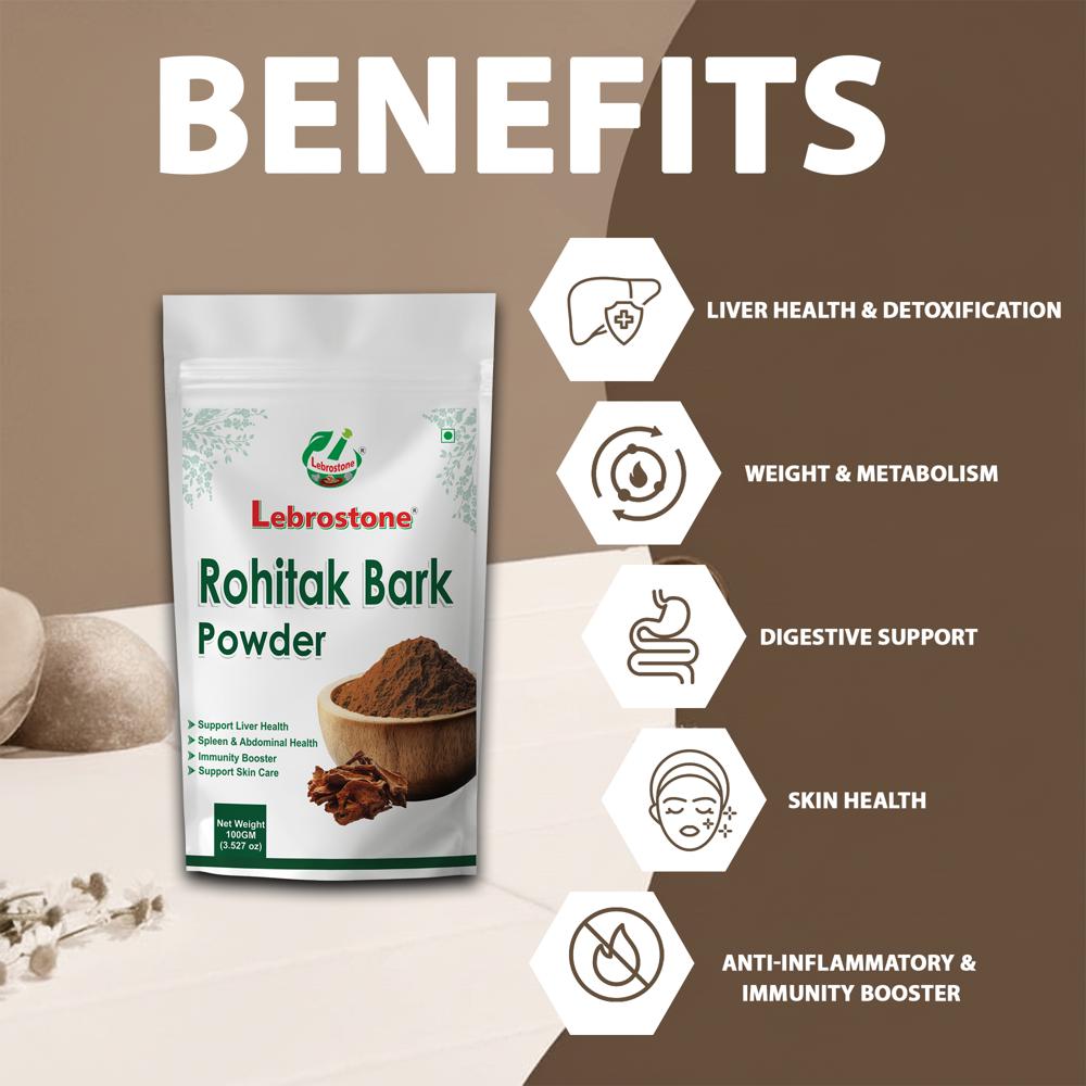 Lebrostone Rohitak Bark Powder Liver Health, Detox, Weight, Digestion, Skin & Immunity Support(100g)