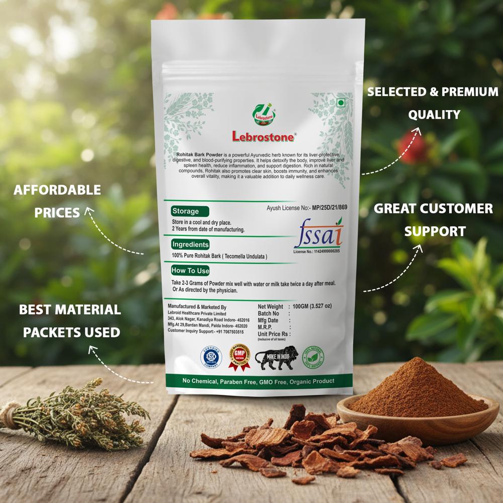 Lebrostone Rohitak Bark Powder Liver Health, Detox, Weight, Digestion, Skin & Immunity Support(100g)
