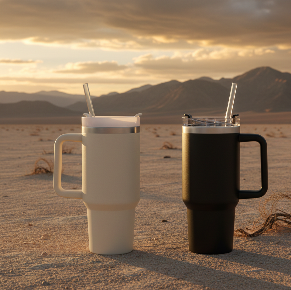 Double Wall Vacuum Insulated Stainless Steel Travel Mug with Ergonomic Handle and Reusable Straw