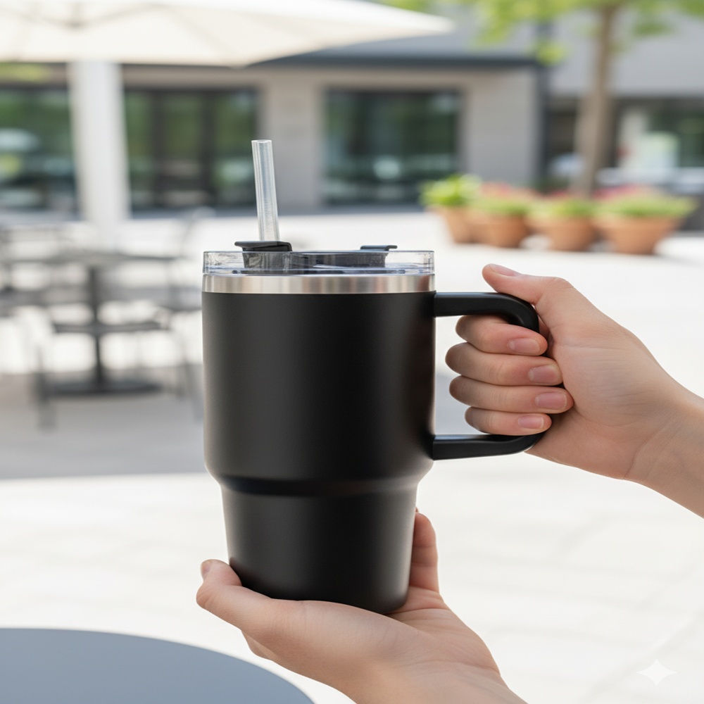 Double Wall Vacuum Insulated Stainless Steel Travel Mug with Ergonomic Handle and Reusable Straw