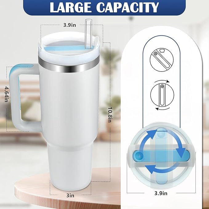 Double Wall Vacuum Insulated Stainless Steel Travel Mug with Ergonomic Handle and Reusable Straw