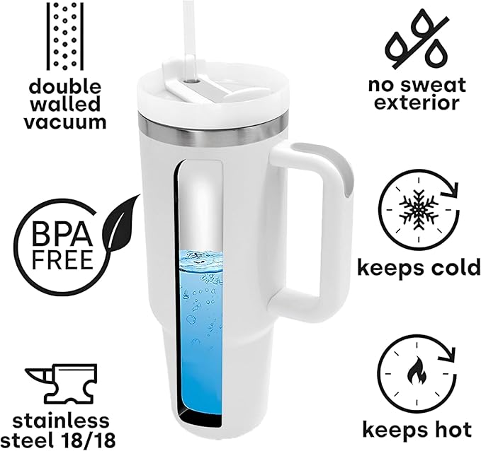 Double Wall Vacuum Insulated Stainless Steel Travel Mug with Ergonomic Handle and Reusable Straw