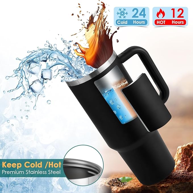 Double Wall Vacuum Insulated Stainless Steel Travel Mug with Ergonomic Handle and Reusable Straw