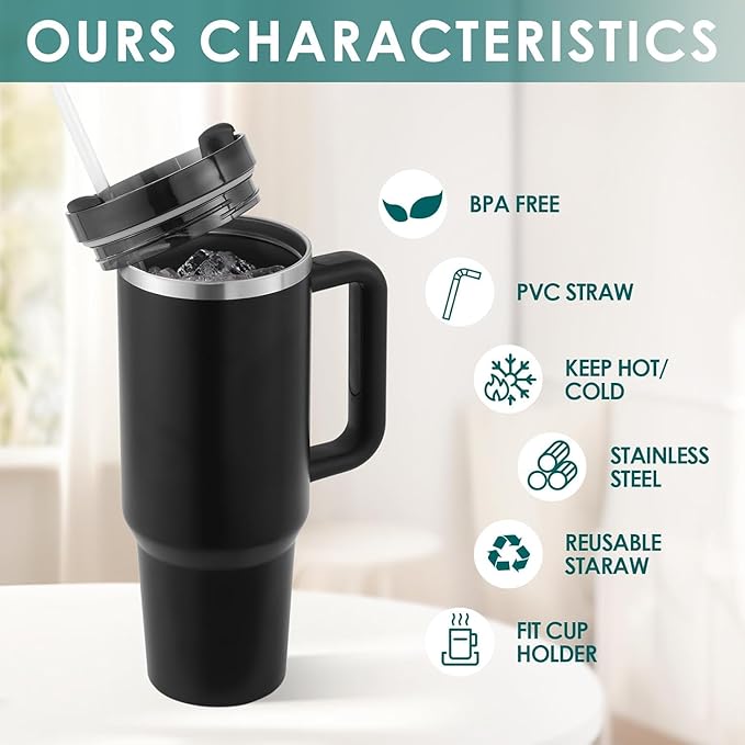 Double Wall Vacuum Insulated Stainless Steel Travel Mug with Ergonomic Handle and Reusable Straw