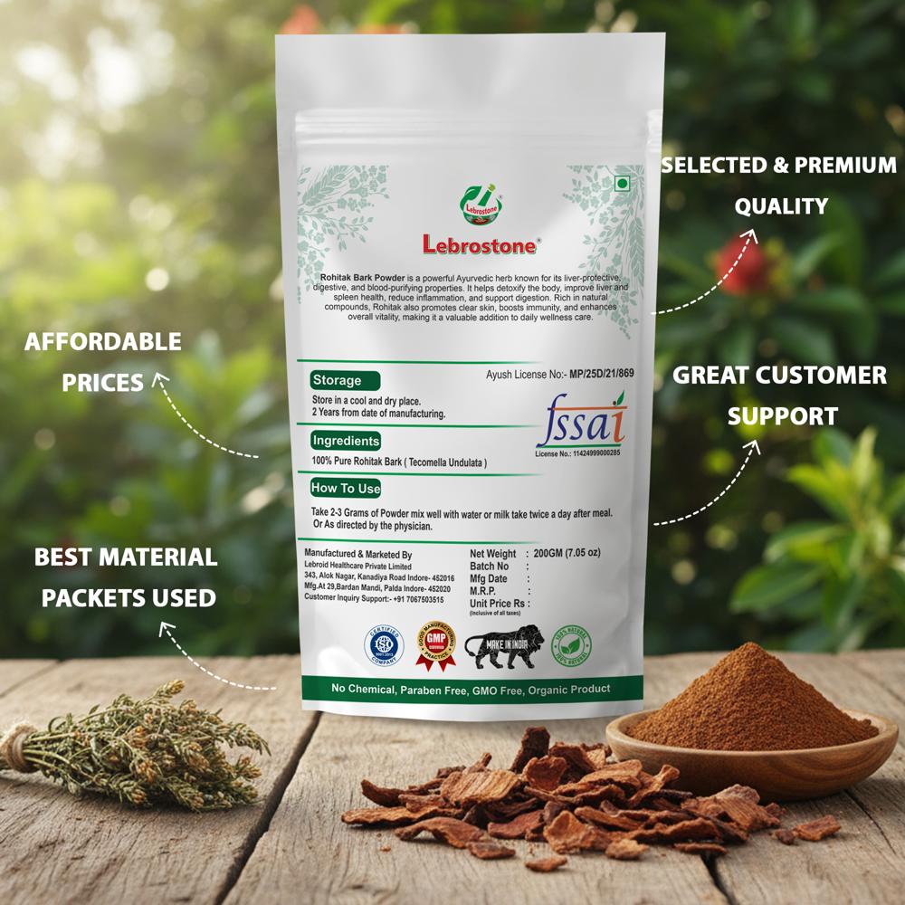 Lebrostone Rohitak Bark Powder  Liver Health, Detox, Weight, Digestion, Skin & Immunity Support(200g)