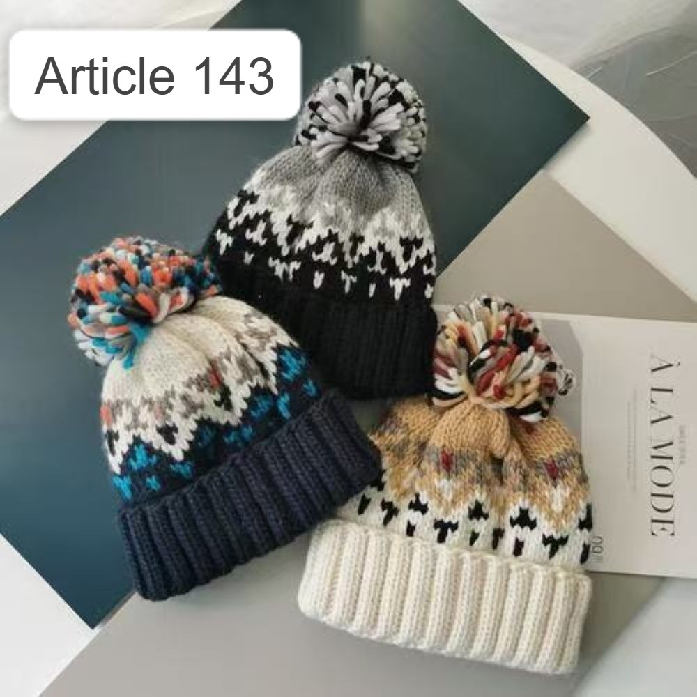 Jacquard Pom Pom Knitted Thick Rope Warm Vintage Hat
